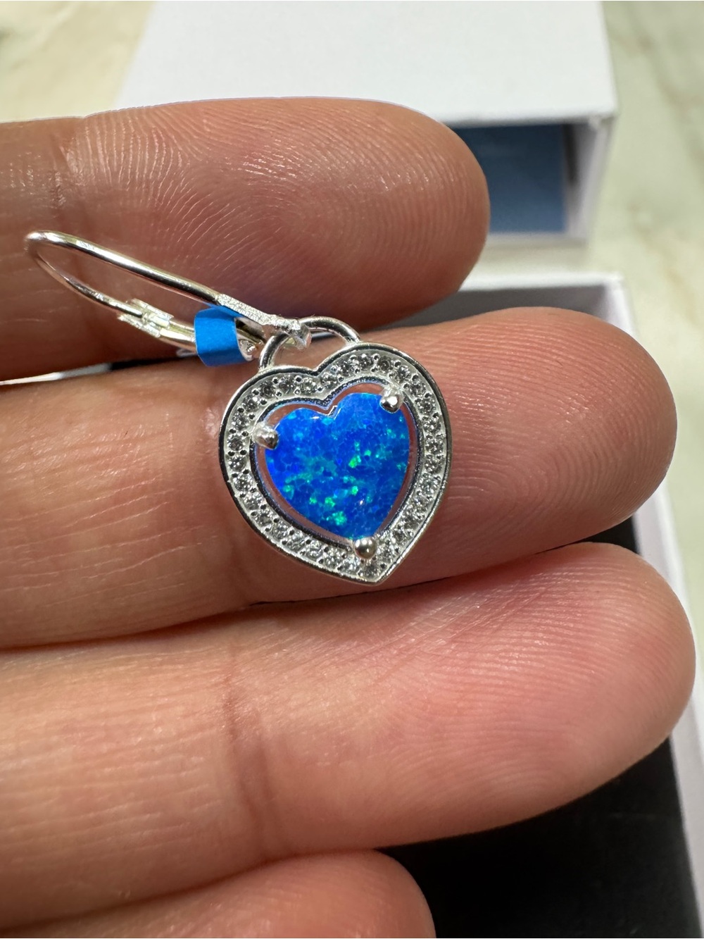 Blue Opal 925 Sterling Silver Heart Drop Earrings with Blue Opal Inlay - Picture 12 of 12